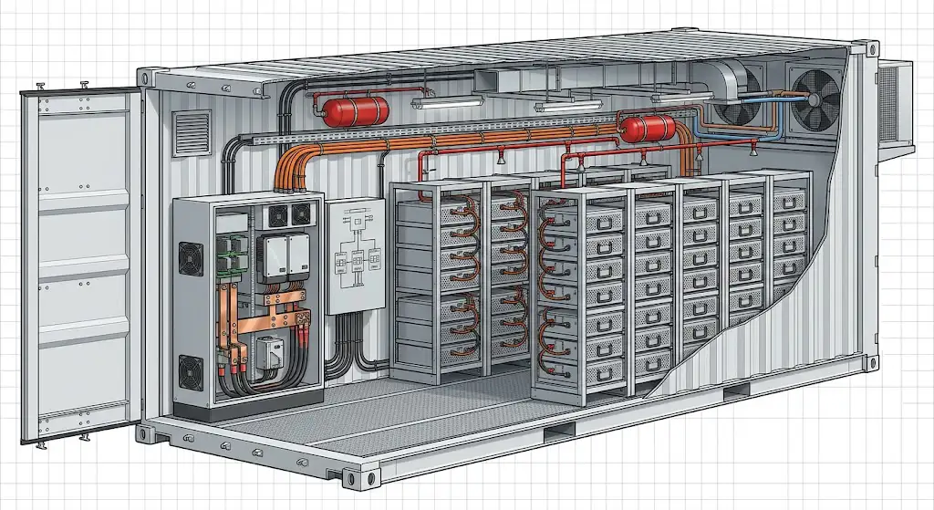 Inside a containerized BESS with key system components@polinovelbess Inside a containerized BESS with key system components@polinovelbess